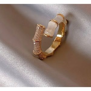 Bamboo Ring 14K Gold Plated Opal Stone Women Zircon Open 7 Wrap